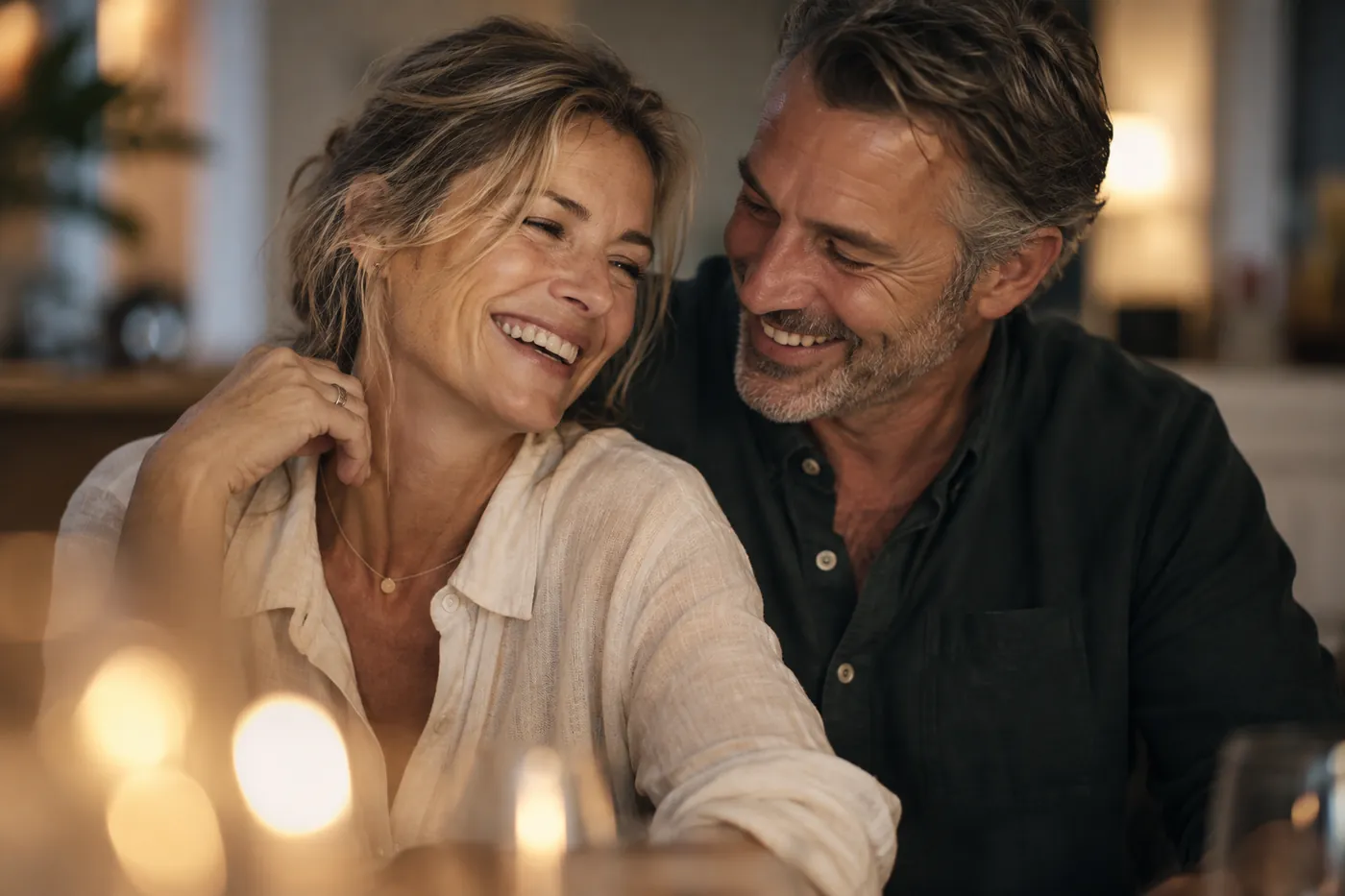 Couple in their fifties laughing together in warm evening light