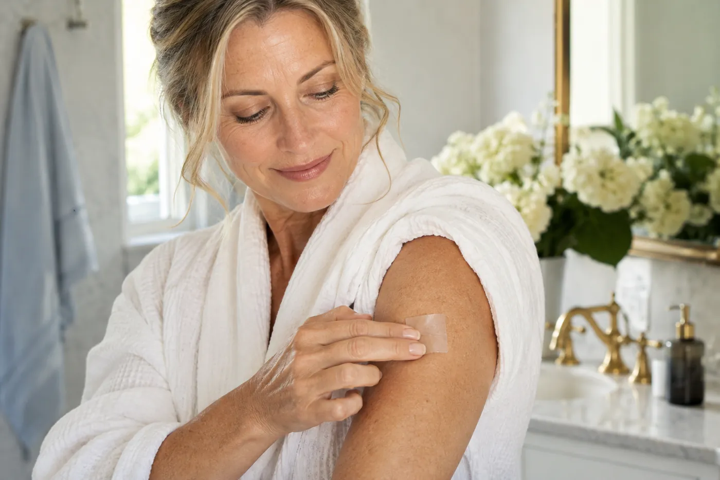 Woman applying a skin patch to her upper arm