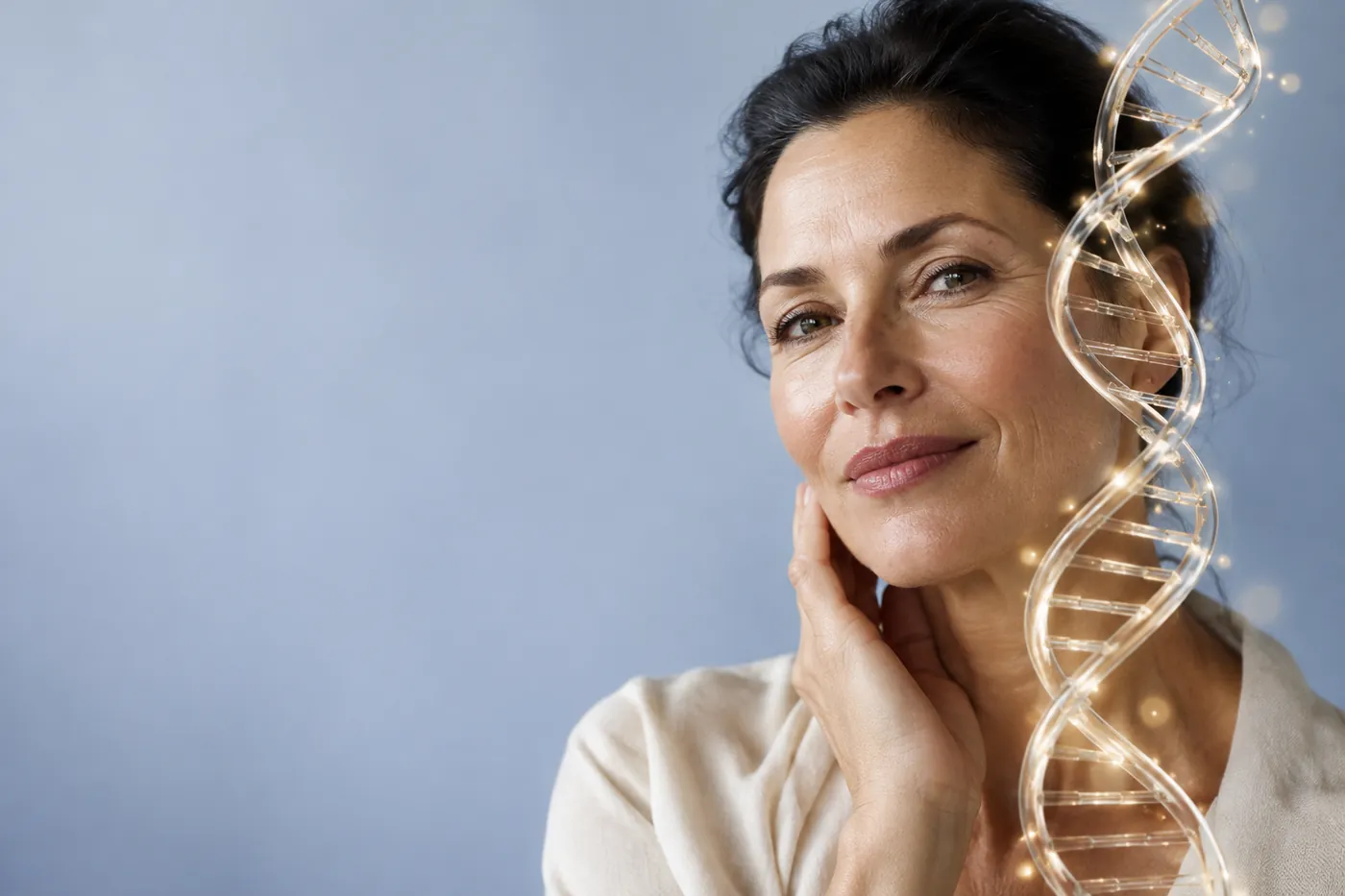 Woman in her fifties with a glass helix ribbon, soft blue studio