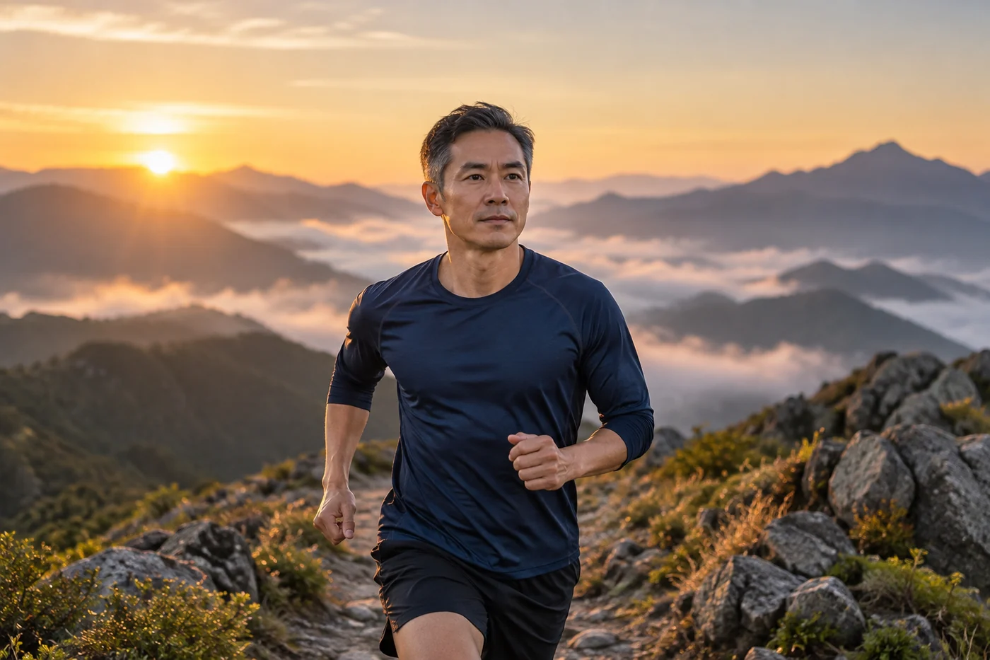 Runner on an outdoor trail at sunrise