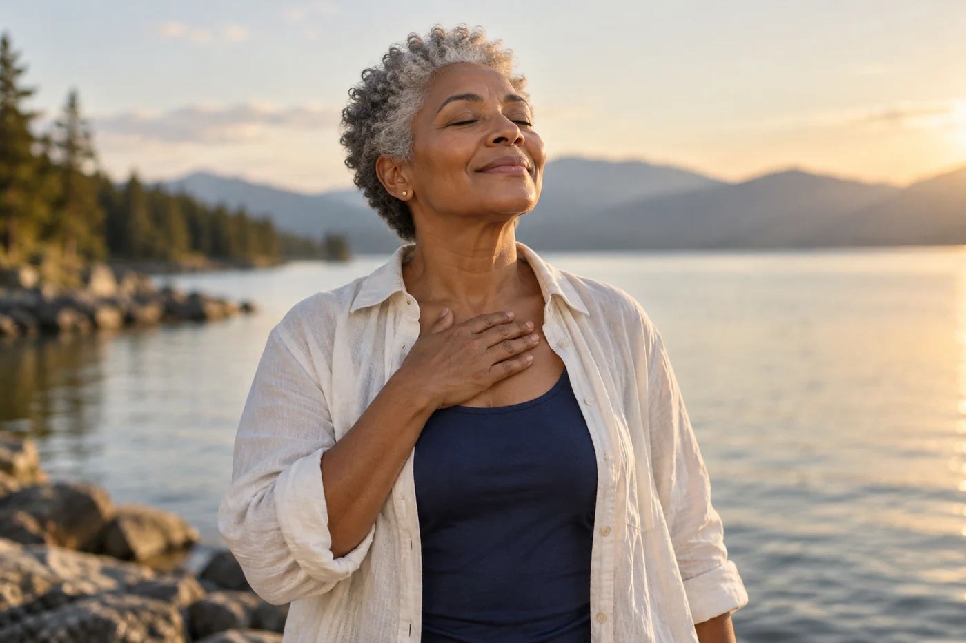 Midlife woman in the cool morning air by a lake