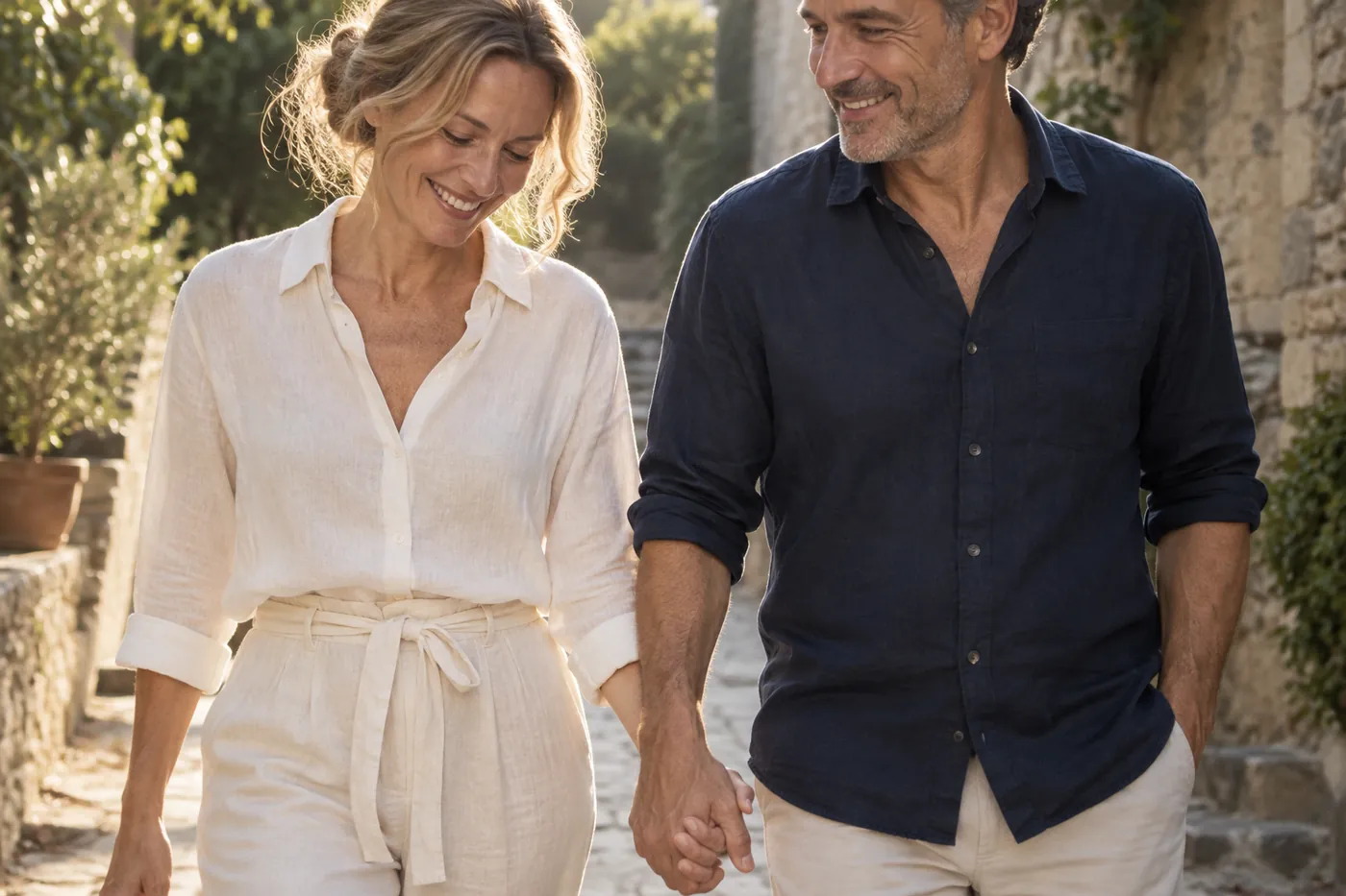 Couple holding hands on an evening walk