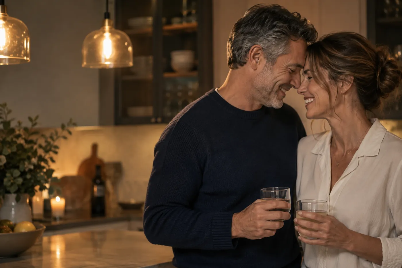 Couple sharing a laugh in their kitchen